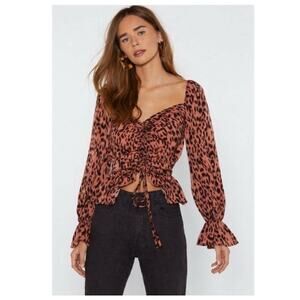 Nasty Gal Collection Pink Leopard Print Ruched Puff Sleeve Blouse Size 8